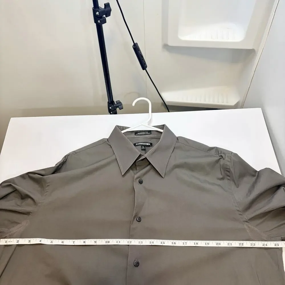 Express Modern Fit XL 17-17.5 Gray Stretch Cotton Button Front Dress Shirt